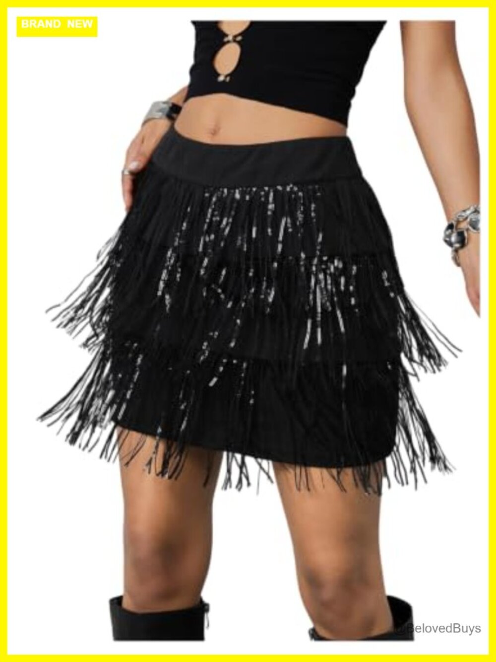 Sequin Fringe High Rise Mini Skort Sparkle Party Club Skirt